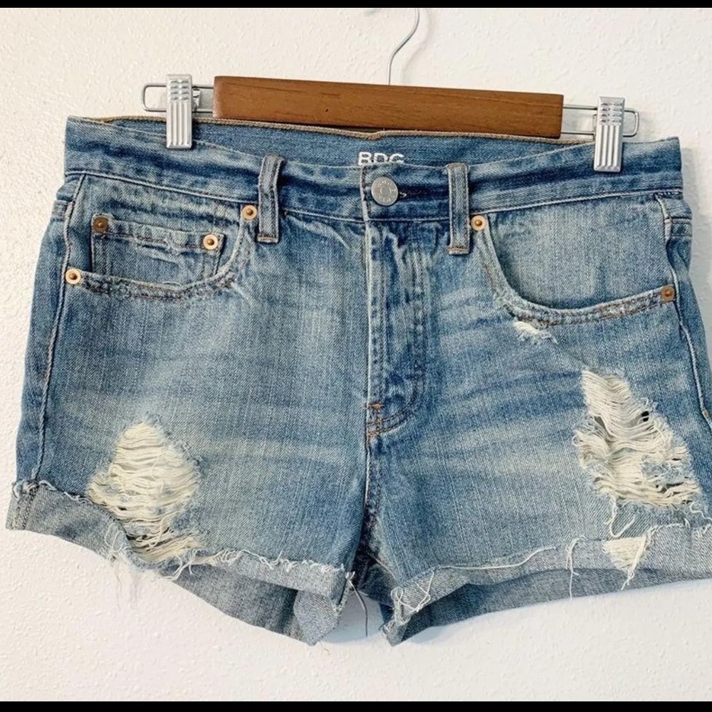 BDG Light Blue Distressed Rolled Hem Denim Shorts — Women